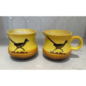 Peters Pottery Palace Mesa AZ Sugar & Creamer Set Handmade‎ Vintage Roadrunner